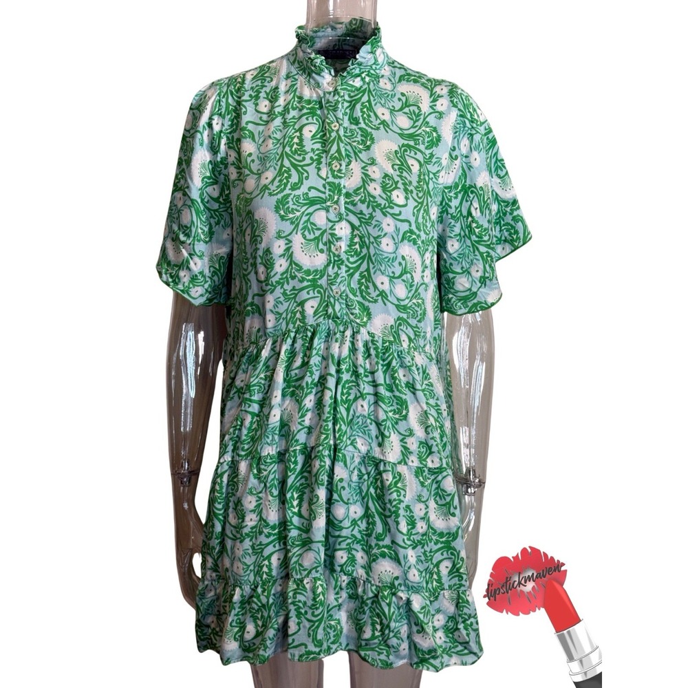 Ro's Garden Vibeka Dress Womens Medium Blue Green Floral Mini Short Sleeve Boho